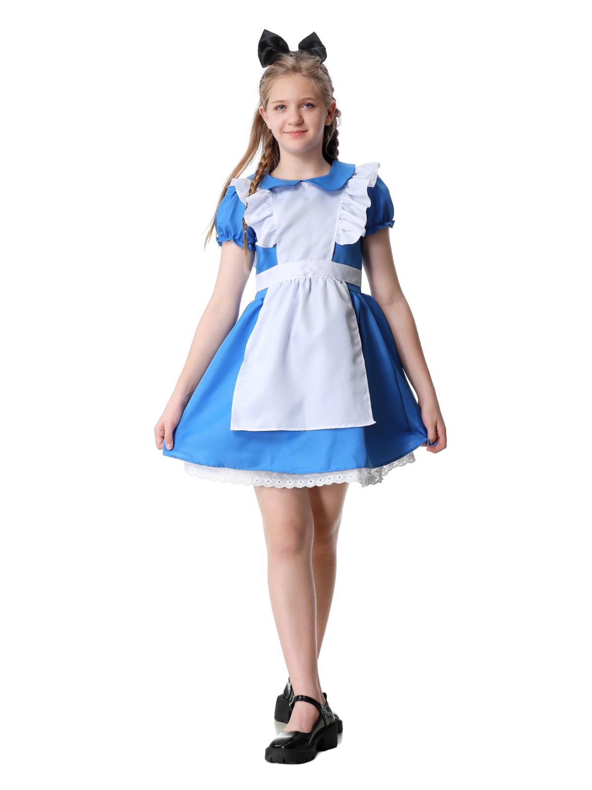 GRAJTCIN Girls French Maid Costume Halloween Anime Lolita Dress Princess Blue Maid Outfit with Apron Bow Headband