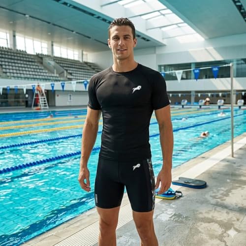 Image of JUST RIDER Swimwear Half Sleeve T-Shirt and Shorts for Men & Women Men's Swimming T-Shirt and Swimming Shorts Set, Polyester, Quick-Dry, Chlorine-Resistant, Flatlock Seams