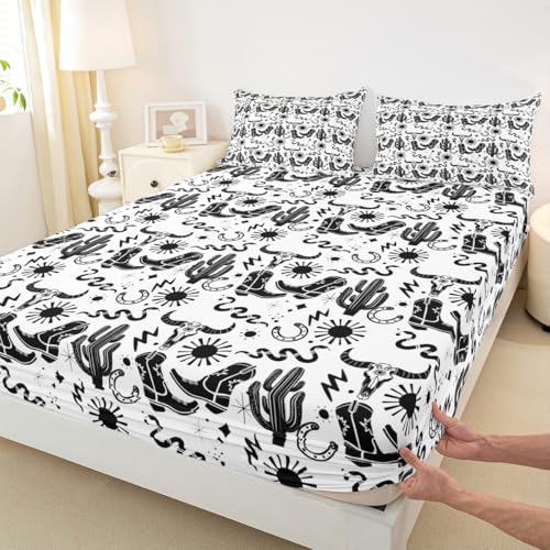Western Cowboy Kids Fitted Sheet Queen Size,Horseshoe Cowboy Boots Cow Skull Bedding Set,Girls Boys Adults Room Decor,Sun Starry Sky Snake Bed Cover,Rustic Retro Bed Sheet,2 Pillowcases