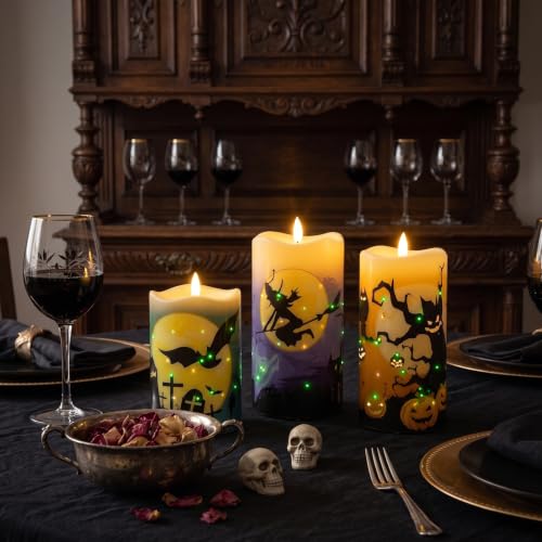 Image of Halloween Flameless Candles, Battery Operated Candles with Remote | Fiber Optic Flameless Pillar Candles Set Of 3 For Halloween Decorations Indoor