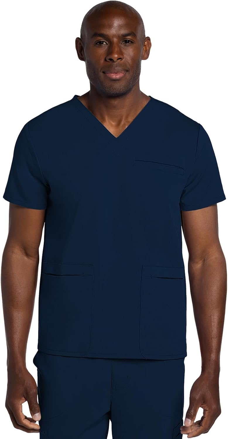 Cherokee Men's V-Neck Scrub Top with 3 Pockets, High-Low Rounded Hem, and Back Yoke Seam for Comfort - CK719A