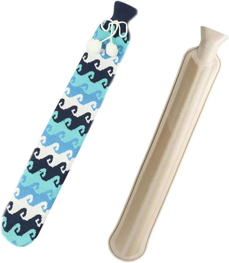 Long Hot Water Bottle, Big Hot Water Bottle Bed Warm Waist Warm Back Hot Water Bottle with Super Soft Fabric Knitted Cover 2L Pure Natural Rubber 72 cm for Back/Neck/Waist/ShoulderAnd Legs (Blue)