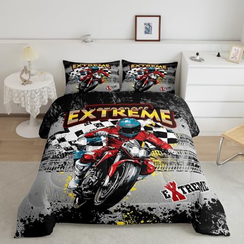 Image of Feelyou Kids Dirt Bike Comforter Set King Size, Extreme Sports Duvet Insert Motocross Bedding Set Boys Girls Teens Bedroom Decor Microfiber Bed Set