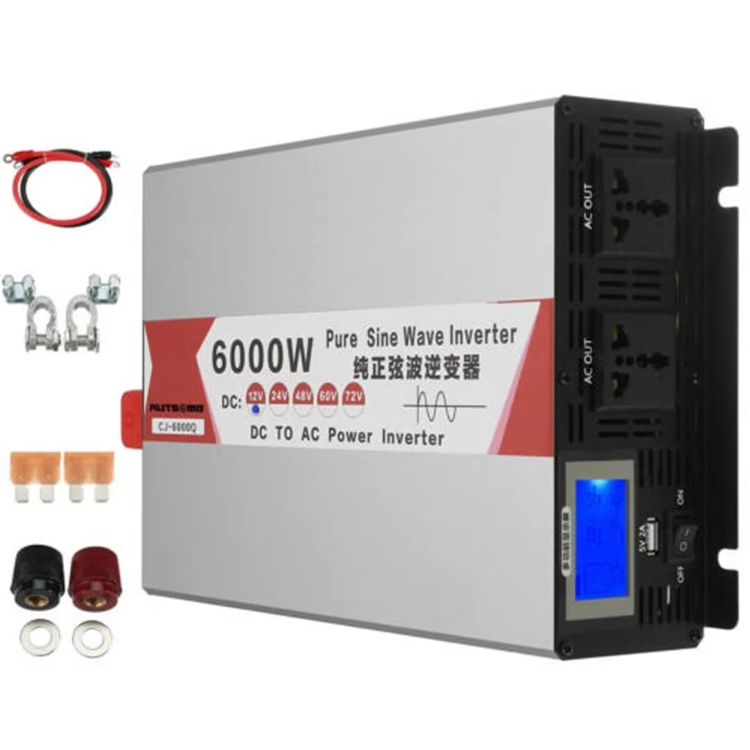 8000W Max Power Inverter DC 12v/24V/48V/60V a AC 220v Car Power Inverter 2 Universal Socket + Smart Color Screen Pure Sine Wave Power Inverter (6000W, 60V-220V)