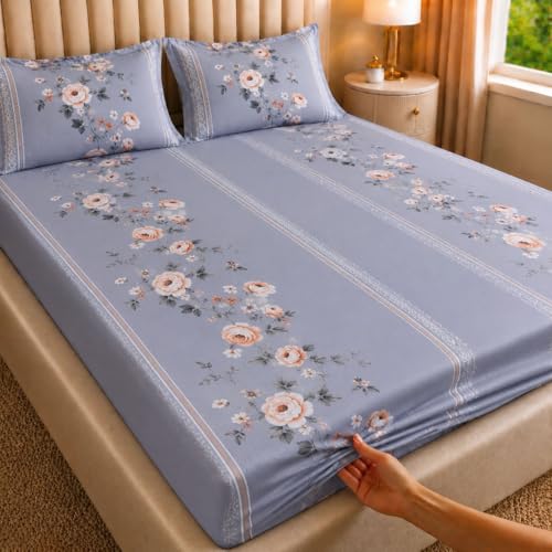 Image of Castiqa Elastic Fitted Supersoft Premium Polycotton 200TC King Size Bedsheet with 2 Pillow Covers (Fits up to 8 Inches Mattress) (L8 Blue, Full 72x78x8 Inch)