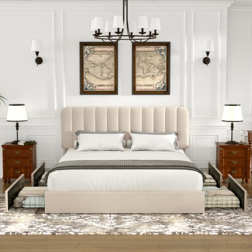 Image of VECELO Queen Size Upholstered Bed Frame with 4 Drawers and Headboard, Velvet Platform Storage Bedframe, Wooden Slats Support, No Box Spring Needed, Beige