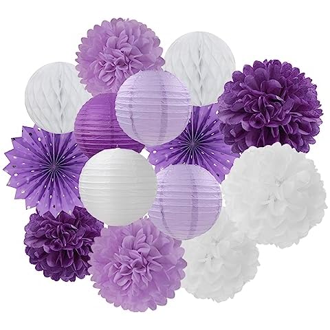 Purple-White Lavender Party Decorations Streamers - 14pcs Women Girl Birthday Paper Lanterns Fan,Tissue Pom Poms,Baby Bridal Shower Wedding Engagement Bachelorette Graduation Decor Lasting Surprise Cover