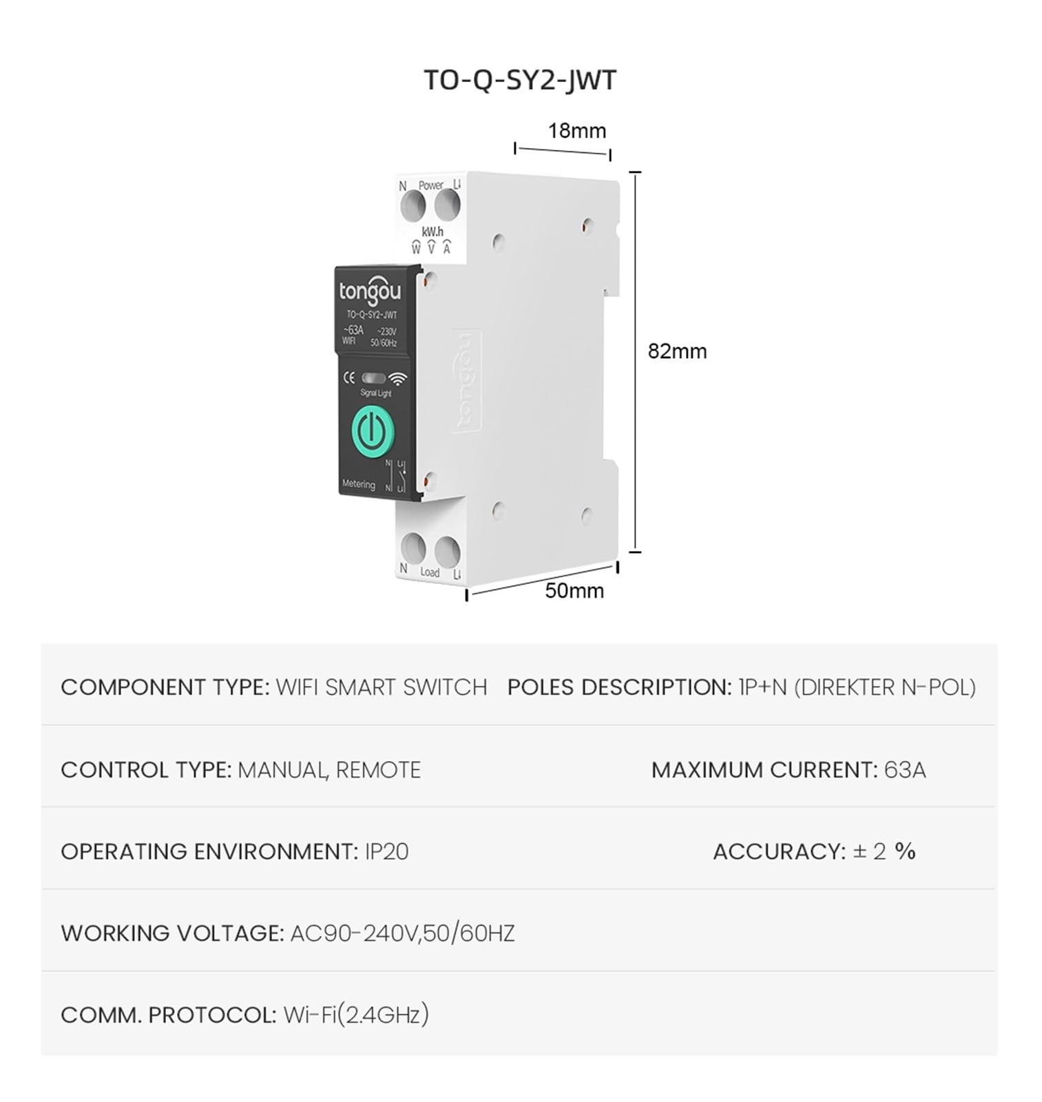TO-Q-SY2-JWT Disjoncteur Intelligent SY2 VA Protection 1P 50A 63A Rail DIN(1-63A)