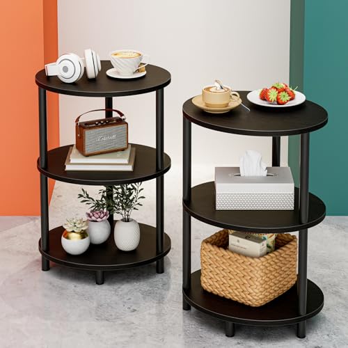 Image of Small Round Side Table - 3-Tier Oval Accent Table for Small Spaces, Rustic Wood and Metal Couch End Table, Nightstand for Bedroom or End Table Living Room, Set of 2, Charcoal Wenge