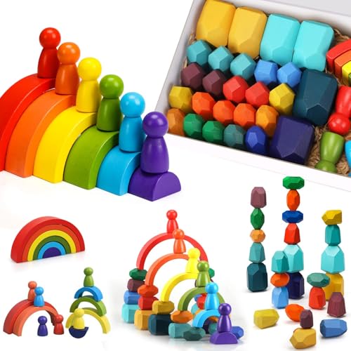 Image of TOY Life 38 PCs Wooden Rainbow Stacking Toys, Montessori Toys for 3 4 Years Old, Stacking Toddler Blocks, Stacking Stones, Rainbow Stacker, Stacking Rocks, Wooden Blocks for Toddlers Kids
