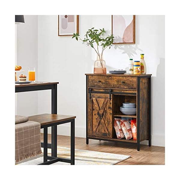 VASAGLE Storage Cabinet, Sideboard and TV Cabinet, Freestanding Floor Cabinet with 1 Drawer and Sliding Barn Door, Industrial, Rustic Brown and Black LSC100B01 - Image 4