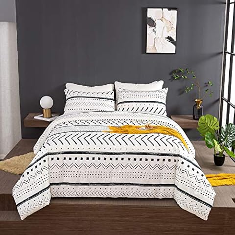 Jumeey White Boho Comforter Set Queen Aztec Bedding Sets Full Size Black and White Comforter Bohemian Stripe Bedding Sets Tribal Comforter Men Women Teen Boys Folkloric Art Pattern Bed Comforter Full Cover
