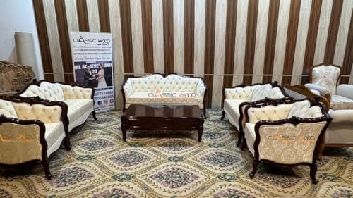 Image of Classic Wood and Craft 3+2+2+1+1 Royal Hand-Carved Teak Wood Sofa Set 9 Seater with Center Table Cream Tufted Upholstery & Dark Walnut Finish Antique Living Room Furniture for Luxury Home Decor