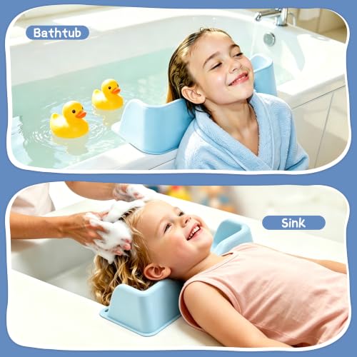 Image of Portable Hair Washing Station for Kids, Toddlers, Children, Teens, Silicone Hair Washing Basin for Sink or Bathtub, Tear-Free Shampoo Bowl with Rinser Cup, Neck Support for kids, Light Blue