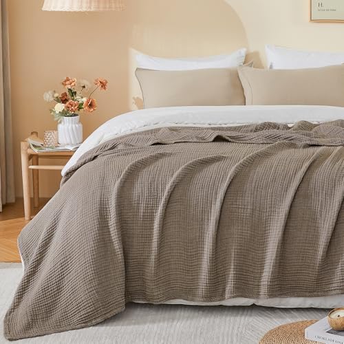 EMME Cotton Muslin Queen Blanket Bed Layering Bedspread Coverlet Breathable Gauze Soft Lightweight Blankets (Heather Brown, 90"x90")