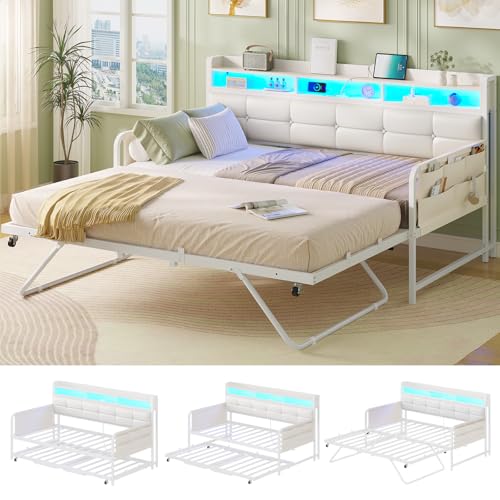 AOGLLATI Ausziehbares Schlafsofa 90/180×200 cm, Tagesbett mit Steckdosen & LED-Beleuchtung, Polsterbett mit Ausziehbares Rollbett & Stauraum Kopfteil,Funktionsbett/Bettsofa, PU, Weiß (ohne Matratze) AOGLLATI Ausziehbares Schlafsofa 90/180×200 cm, Tagesbett mit Steckdosen & LED-Beleuchtung, Polsterbett mit Ausziehbares Rollbett & Stauraum Kopfteil,Funktionsbett/Bettsofa, PU, Weiß (ohne Matratze)