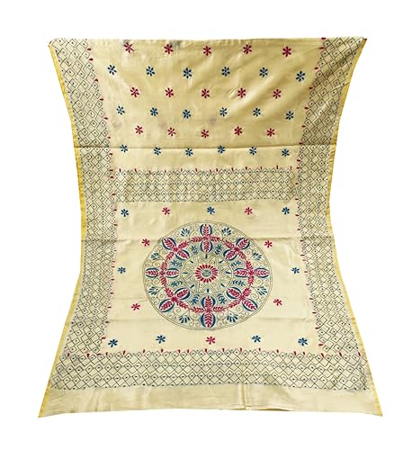 Image of SHRISTI CLOTHINGS Women's Hand Embroidered Cotton Silk Kantha Stitch Saree with Blouse Piece (J420924 LIGHTGOLDEND1)
