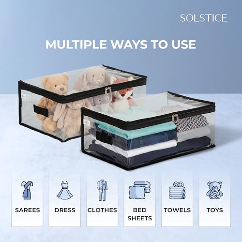 Image of SOLSTICE Transparent Storage Bags for Clothes, Saree Cover Organizer, Waterproof PVC Storage Bag, Wardrobe Clothes Organizer for Small Blankets, Bedsheets, Toys & Documents (Pack of 4)