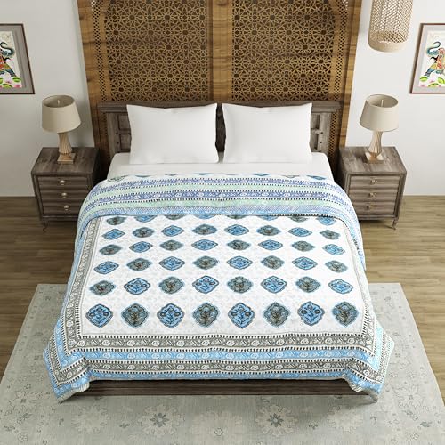 Image of BLOCKS OF INDIA Hand Block Printed Cotton King Size Quilt /Rajai | Blue Grey Rose