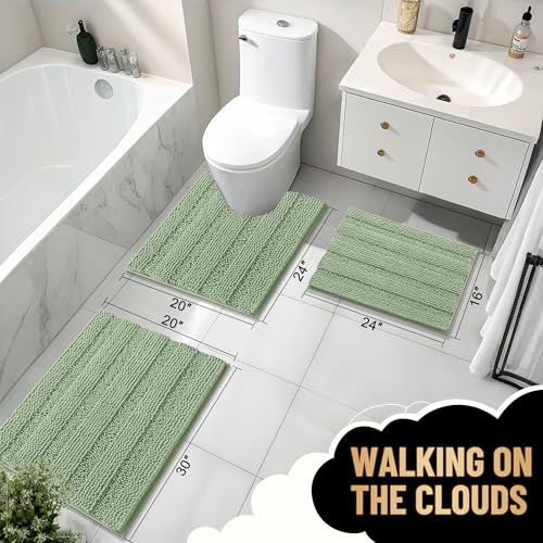 Image of OLANLY Thick Large Bathroom Rugs 50x30, Extra Soft Absorbent Chenille Striped Bath Rugs, Rubber Backing, Machine Wash, Bath Mats for Bathroom Floor, Tub and Shower, Home Decor Accessories, Sage Green