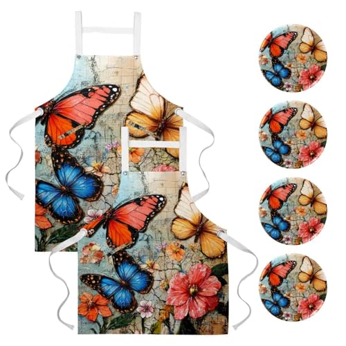 Lot de 2 tabliers de cuisine avec 4 broches à motif papillon vintage