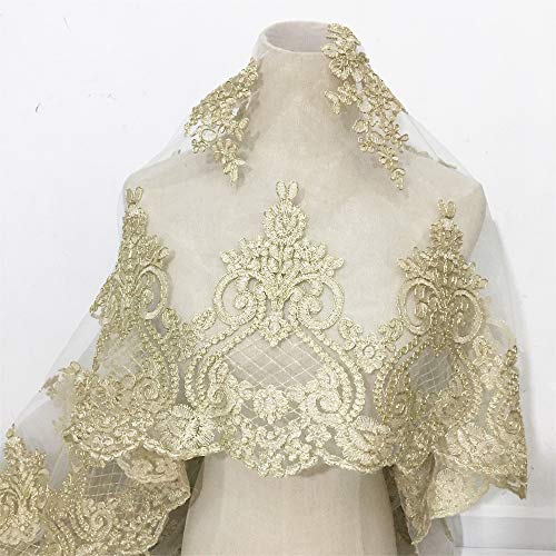 OXOLAMRIN voiles de mariage pour femmes, Garniture en dentelle dorée de 129.5cm de large, tissu en dentelle florale brodée à la main for voile de robe de mariée