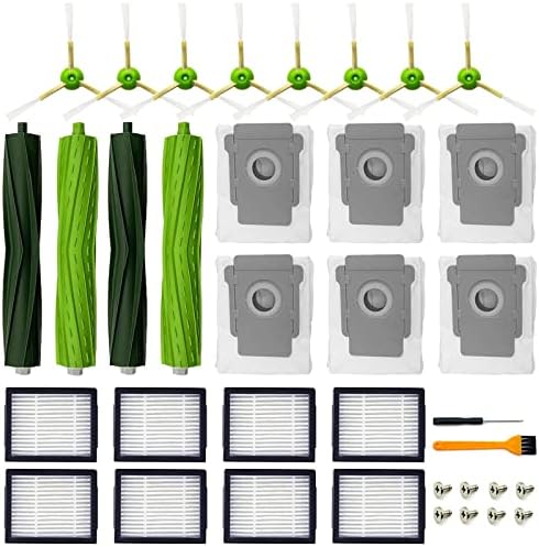 Replacement Parts for iRobot Roomba i3 i3+ i7 i7+ i4 i4+ J7J7+/Plus i6 i6+ i8 +/Plus E5 E6 E7 I & E & J Series Vacuum Cleaner, 2 Set Rubber Brushes, 8 HEPA Filters, 8 Side Brushes, 6 Dust Bags