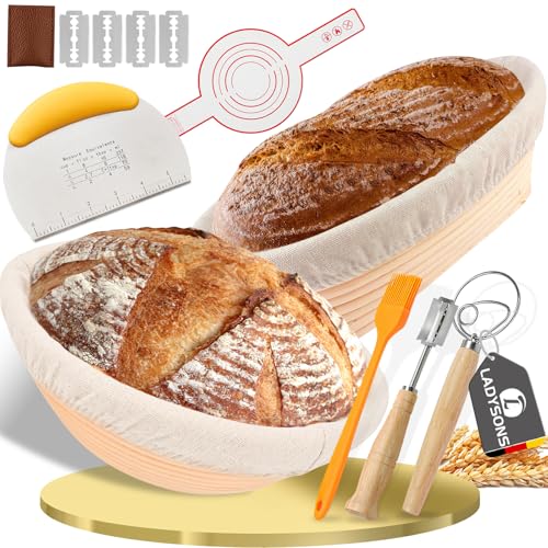 LADYSONS Gärkorb Brot Set, Gärkörbchen zum Brotbacken, Sauerteig Starter Set mit 23cm Rund & 25cm Oval Brotkörbchen, Silikon-Brotschlinge, Bratpinsel, Teigmischer, Schüsselschaber & Teigschaber