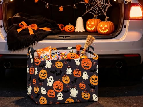Image of Sanjiaofeng Rectangular Halloween Ghost Storage Basket,Waterproof Foldable Storage Baskets,Trick or Treat Halloween Basket,Halloweens Party Candy Gift Baskets(Happy Pumpkin)