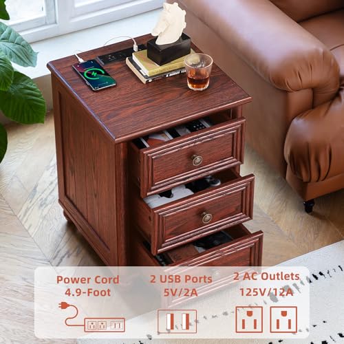 18" Farmhouse Night Stand Set 2 with Charger Station, RedOak 2 & 3 Drawers Wood Nightstand, Bedside End Table with Storage and Roman Column, Bed Side Tables Cabinet for Bedroom Living Room and Closet