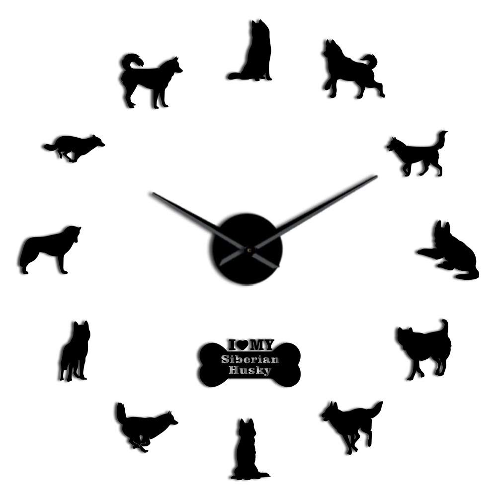 YHZS Siberian Husky Russian Dog Breed DIY Large Wall Clock Self Adhesive Sticker DIY Giant Wall Art Home Decor Watch(Black,47IN)
