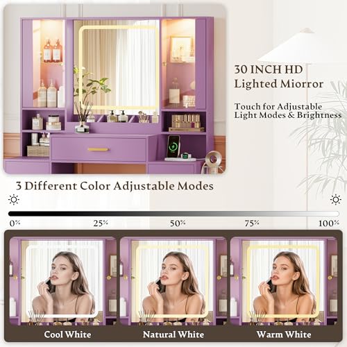 Image of HUANLEGO Makeup Vanity Desk with Mirror and LED Lights for Girls, Purple | Farmhouse Dressing Table Set for Women, LED Glass Cabinet, 7 Drawers, Power Outlet, Hair Dryer, 3 Lighting Modes