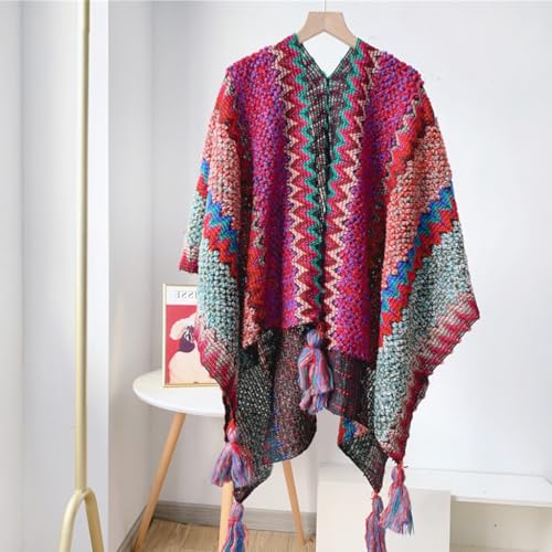 Image of SANNIDHI Shawl for Women Winter Summer, Hand-Knitted Cardigan Shawls for Women, Fashion Ladies Sweater Wrap Poncho Cape with Fringe for All Seasons, Multi Use Beach Cover Up (140x110cm)