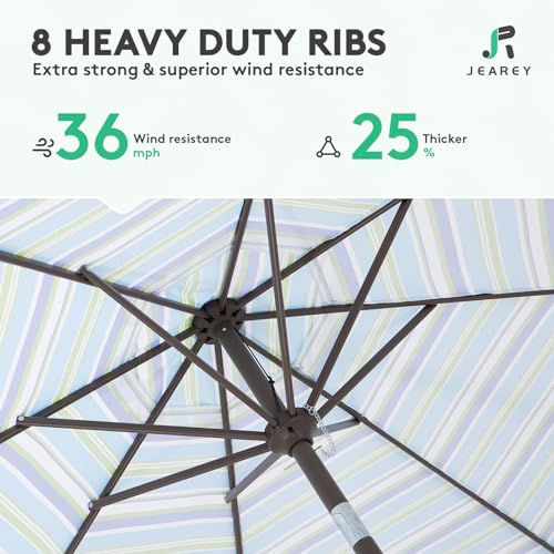 Image of JEAREY 9FT Outdoor Patio Umbrella Outdoor Table Umbrella with Push Button Tilt and Crank, Market Umbrella 8 Sturdy Ribs UV Protection Waterproof for Garden, Deck, Backyard, Pool (Blue Green Stripe)