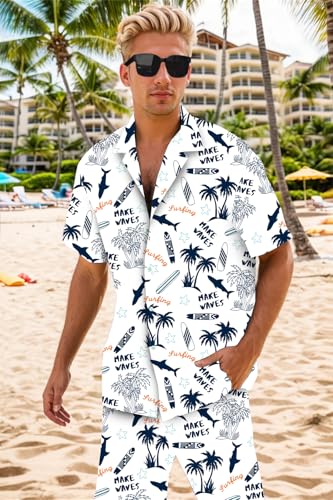 Image of Cromoncent Boy and Men Hawaiian Outfits Short Sleeve Shirts and Shorts Hawaiian Suits Beach Tropical 2 Pcs Vacation Sets