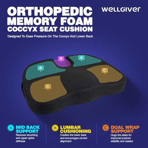 Image of WELLGIVER Memory Foam Coccyx Seat Cushion - Orthopedic Chair Pad for Tailbone, Sciatica & Lower Back Pain Relief | Ideal for Office Chairs, Car Seats & Home Use | Removable & Washable Cover