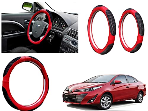 Image of Microfiber Car Steering Wheel Cover, Soft Padding Great Hand Feel, Anti-Slip, Faux Leather Steering Cover for Toyota Yaris | Black Red Jali - Pack of 1