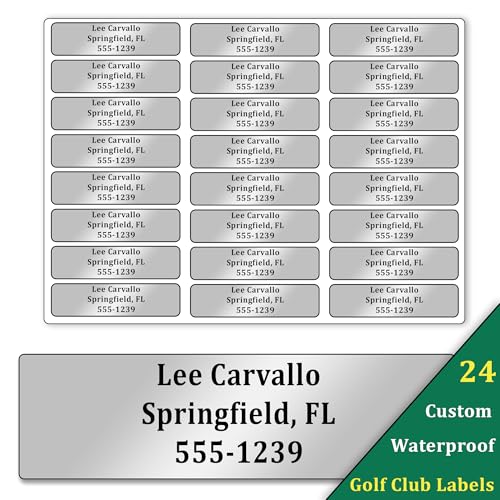 Golf Club Labels Personalized (24) - Waterproof Golf Club Stickers - Ideal for Clubs & Golf Accessories - Silver Custom Golf Club Name Labels