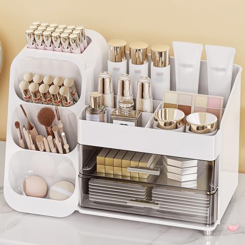 Anylady Makeup Organizer with Drawers, Skincare Organizer (Large Size Thick), Storage Box Cosmetic Display Cases, Make up Organizers for Vanity, Dresser, Desk, Kitchen, Countertop (White)