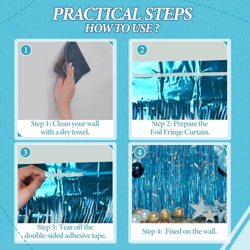 Image of DECOCKRAT 3 Pack Foil Fringe Backdrop - Blue Shiny Tinsel Curtains for Party Decoration /Photo Booth Props - 3.3x8.2 FT Metallic Foil Backdrop for Birthday, Wedding, Graduation, Christmas.