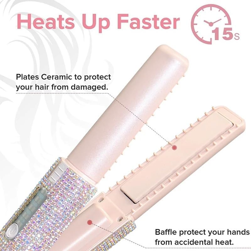 Alisador inalámbrico 2 en 1 con diamantes de imitación eléctrico USB mini cepillo alisador de pelo, calor rápido, antiquemaduras, alisador de pelo para mujeres