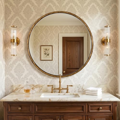 Image of ANDY STAR Hand-Forged Round Gold Mirrors, 32 Inch Antique Brass Hammered Round Bathroom Mirror for Over Sink, for Vanity, Living Room, Vintage, Farmhouse, Rustic, Solid Steel Metal Frame