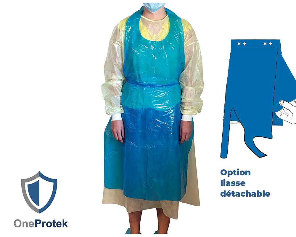 100 Grembiuli monouso PE impermeabili blu OneProtek - Polietilene (PE), 20 micron - Alta qualità, versatile - Taglia unica (70x120 cm) - A strappo