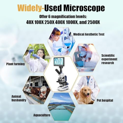 Image of Lab Monocular Compound Microscope with 7'' LCD Screen, 40X-2500X Magnification Microscope for Adults, Dual Illumination, Built-in 5MP Camera, Dual Mechanical Stage for Lab School Farm (Black)