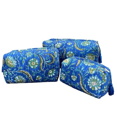 Handblock Cotton Quilted Pouch Set of 3 – Blue Floral Travel Organizer Bags for Makeup Toiletries Jewelry Stationery – Waterproof & Washable-image-9