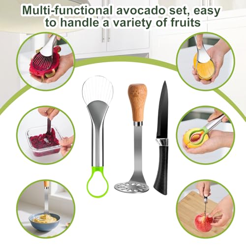 Avocado Slicer Tool,Stainless Steel Avocado Cutter Tool Set,Contains Avocado Knife,Avocado Masher and Fruit Knife,Used for Avacado Cutting and Peeling,is the Essential Masher Kitchen Tool.