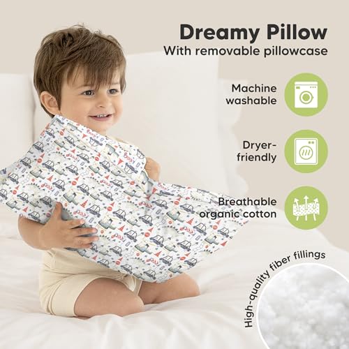 Image of Toddler Pillow with Pillowcase, 13x18 My Little Dreamy Pillow (Dino Patrol) | Kids Travel Bed Pillow for Sleep, Organic Cotton Small Pillowcase, Soft, Breathable, Machine Washable, Toddlers 2-5 years old