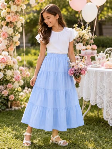 Image of Girls Tiered Maxi Skirt Boho Flowy Peasant Long Skirt for Kid 7-14