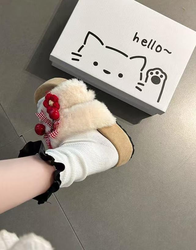 ZQW Plush Fuzzy Cartoon Slippers Y2K Bow Floral Chunky Platform Slides Non-Slip Comfortable Casual Dressy Shoes for Women3