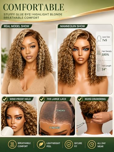 Image of KLAIYI Bye Bye Slip Ombre Highlights Blonde Bob Water Wave Curly Precut 7x5 Lace Front Wigs Human Hair Side Part Drawstring 180% Density Pre Plucked Bleached Knots 30S Ready to Wear and Go Wig 10Inch